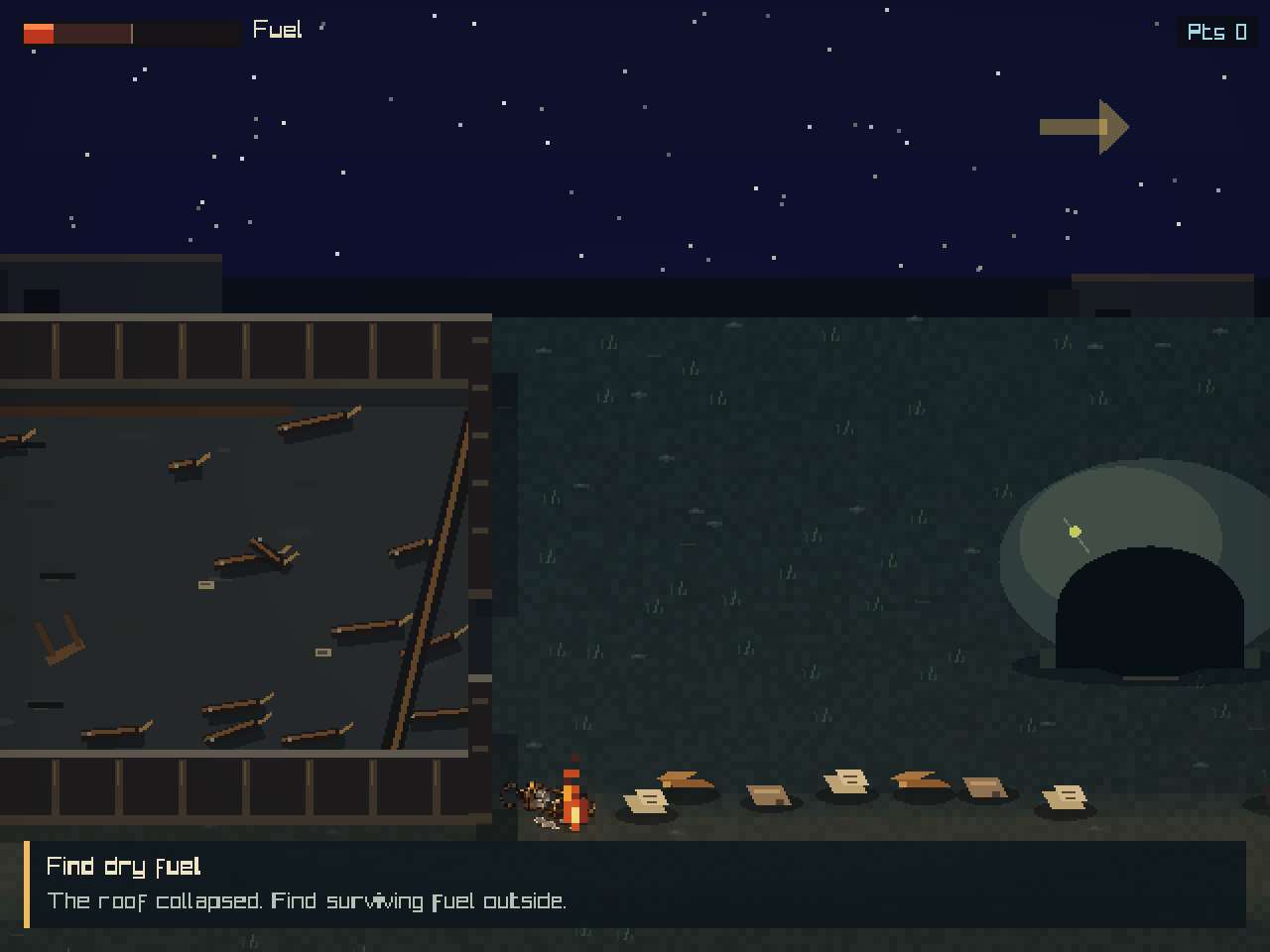 A fire spirit crossing Kasaival's charred workshop yard under lantern light